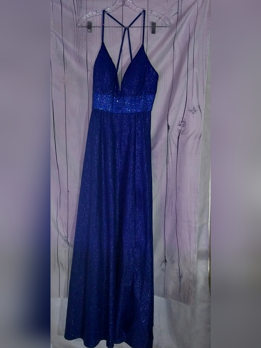 Mac Duggal Royal Blue Cassandra Stone V-Neck Maxi Prom Dress